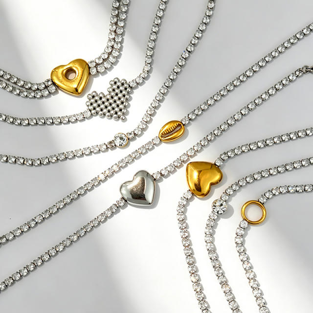 304 Stainless Steel Bracelet Tennis Chain Heart-Shaped Color-Blocking Waterproof Jewelry