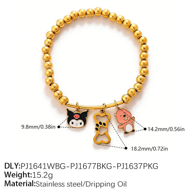 Vacation Style Cartoon Bear Flower DIY Multi-Pendant Gold Beaded stainless steel Bracelet