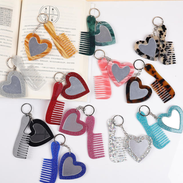 New Acrylic Heart-Shaped Makeup Mirror Comb Keychain Glitter Sequin Bag Charm DIY Accessory Pendant