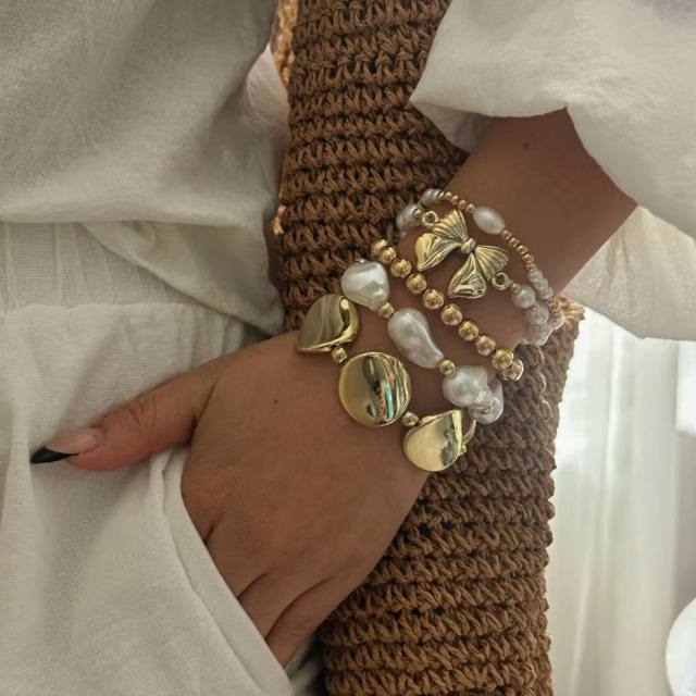 Baroque Imitation Pearl Beaded Bracelet Pearl Bow Asymmetrical Round Beaded Bracelet Set