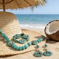 New Fashion High-End Emerald Blue Acrylic Beaded Geometric Disc Necklace Set