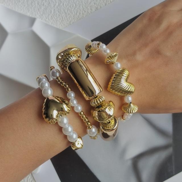 4pcs set gold color acrylic heart imitation pearl bracelet set
