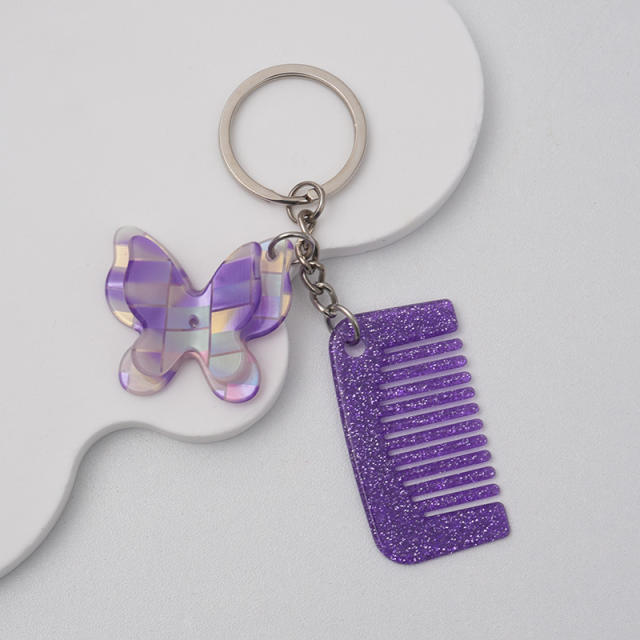 New Acetate Butterfly Comb Keychain Pendant Creative Cute Girl Makeup Mirror Bangs Comb Accessories
