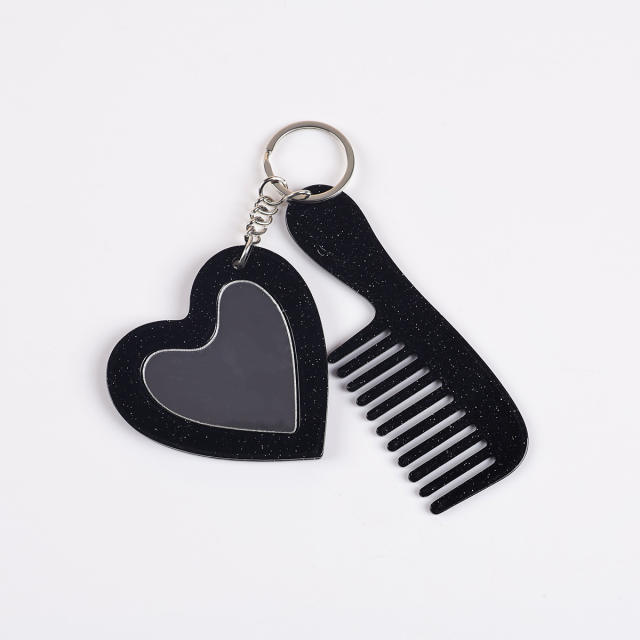 New Acrylic Heart-Shaped Makeup Mirror Comb Keychain Glitter Sequin Bag Charm DIY Accessory Pendant