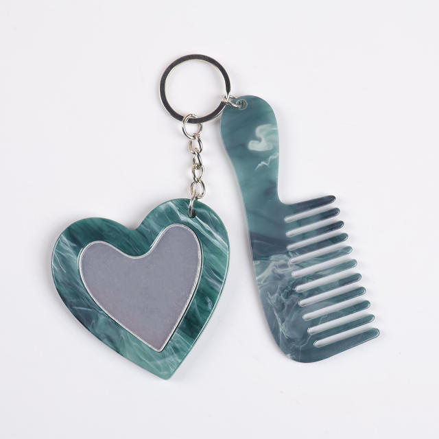 New Acrylic Heart-Shaped Makeup Mirror Comb Keychain Glitter Sequin Bag Charm DIY Accessory Pendant