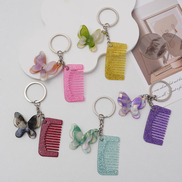 New Acetate Butterfly Comb Keychain Pendant Creative Cute Girl Makeup Mirror Bangs Comb Accessories