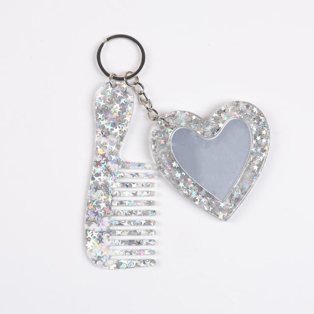 New Acrylic Heart-Shaped Makeup Mirror Comb Keychain Glitter Sequin Bag Charm DIY Accessory Pendant
