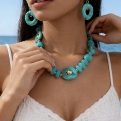 New Fashion High-End Emerald Blue Acrylic Beaded Geometric Disc Necklace Set