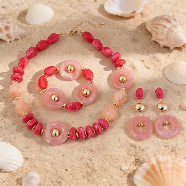 New Fashion High-End Translucent Pink Maillard Acrylic Beaded Geometric Disc Necklace Set