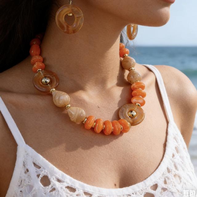 New Acrylic Jewelry Set with Orange-Gray Melard Beaded Geometric Disc Necklace