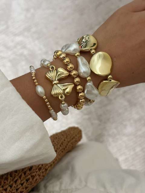 Baroque Imitation Pearl Beaded Bracelet Pearl Bow Asymmetrical Round Beaded Bracelet Set