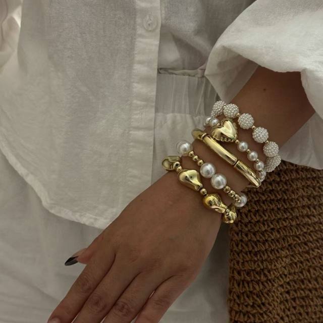 Ins Style Fashion Accessible Luxury Acrylic Heart Bamboo Imitation Pearl Bracelet Set