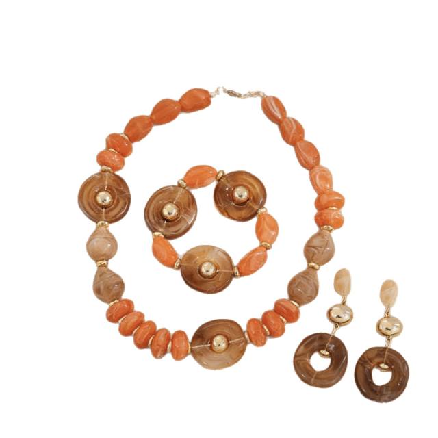 New Acrylic Jewelry Set with Orange-Gray Melard Beaded Geometric Disc Necklace
