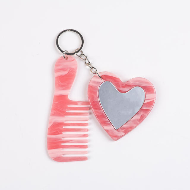 New Acrylic Heart-Shaped Makeup Mirror Comb Keychain Glitter Sequin Bag Charm DIY Accessory Pendant