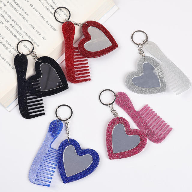 New Acrylic Heart-Shaped Makeup Mirror Comb Keychain Glitter Sequin Bag Charm DIY Accessory Pendant