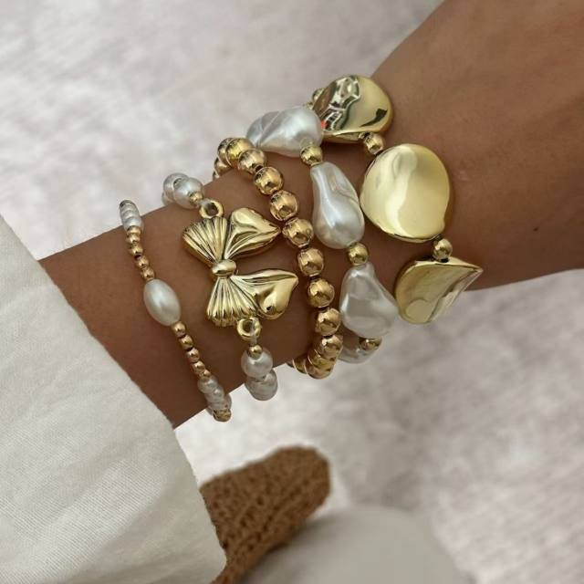 Baroque Imitation Pearl Beaded Bracelet Pearl Bow Asymmetrical Round Beaded Bracelet Set