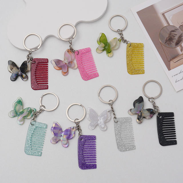 New Acetate Butterfly Comb Keychain Pendant Creative Cute Girl Makeup Mirror Bangs Comb Accessories