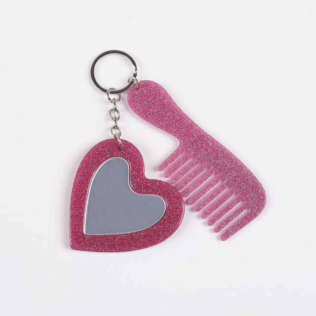 New Acrylic Heart-Shaped Makeup Mirror Comb Keychain Glitter Sequin Bag Charm DIY Accessory Pendant