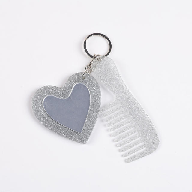 New Acrylic Heart-Shaped Makeup Mirror Comb Keychain Glitter Sequin Bag Charm DIY Accessory Pendant
