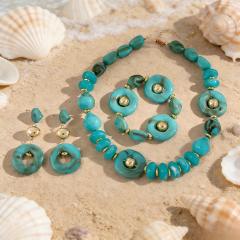 New Fashion High-End Emerald Blue Acrylic Beaded Geometric Disc Necklace Set