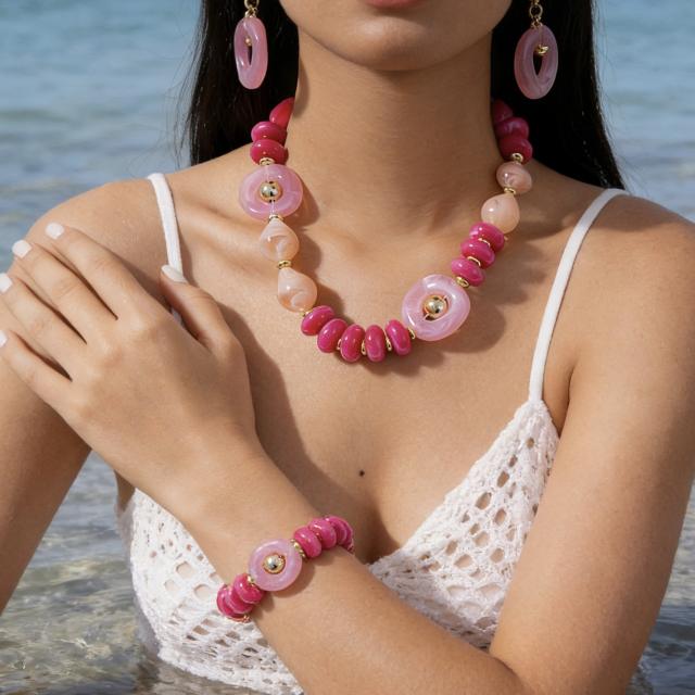 New Fashion High-End Translucent Pink Maillard Acrylic Beaded Geometric Disc Necklace Set