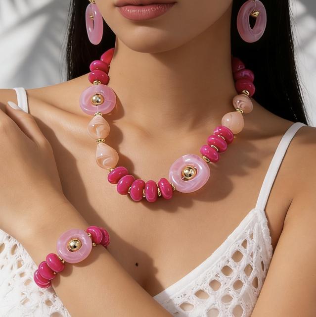 New Fashion High-End Translucent Pink Maillard Acrylic Beaded Geometric Disc Necklace Set