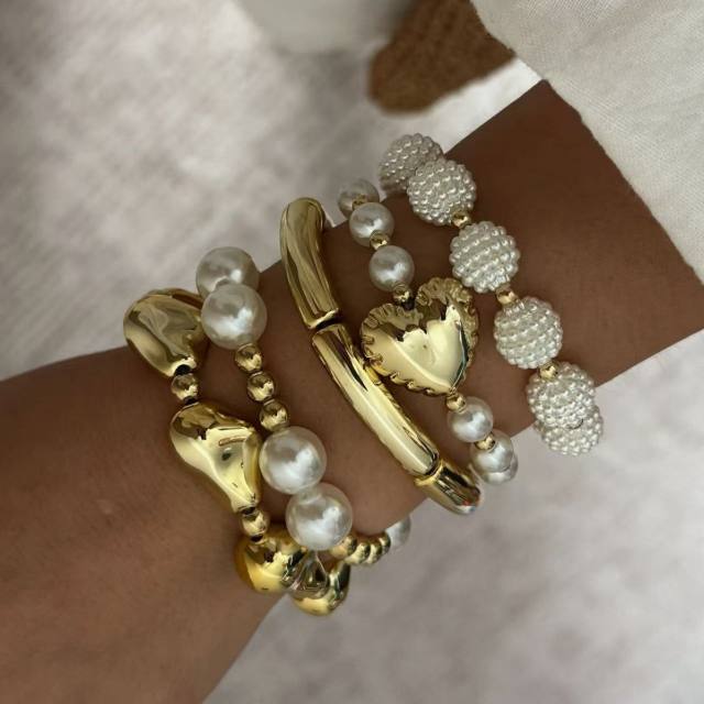 Ins Style Fashion Accessible Luxury Acrylic Heart Bamboo Imitation Pearl Bracelet Set
