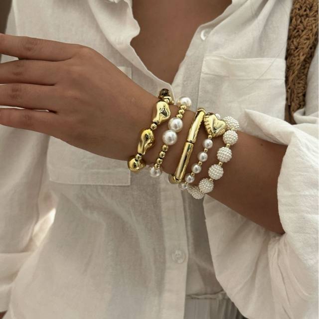 Ins Style Fashion Accessible Luxury Acrylic Heart Bamboo Imitation Pearl Bracelet Set