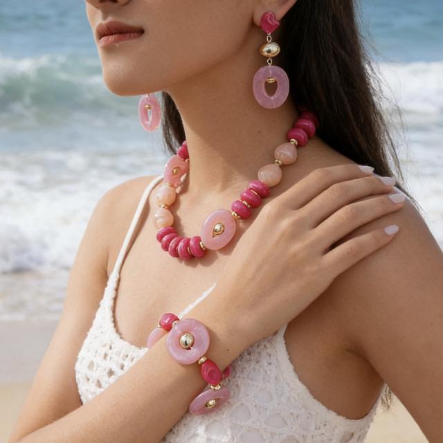 New Fashion High-End Translucent Pink Maillard Acrylic Beaded Geometric Disc Necklace Set