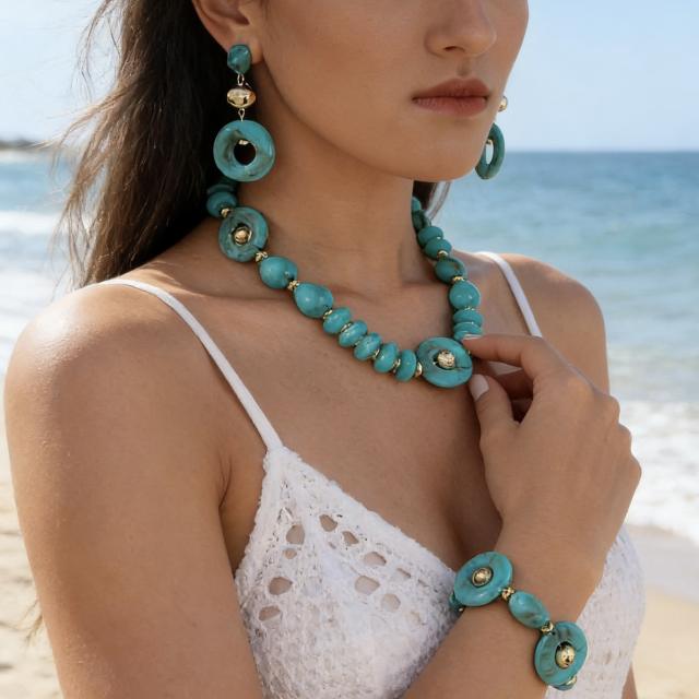 New Fashion High-End Emerald Blue Acrylic Beaded Geometric Disc Necklace Set