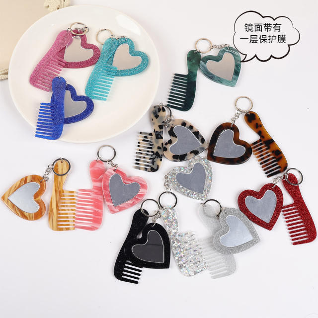 New Acrylic Heart-Shaped Makeup Mirror Comb Keychain Glitter Sequin Bag Charm DIY Accessory Pendant