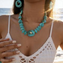 New Fashion High-End Emerald Blue Acrylic Beaded Geometric Disc Necklace Set