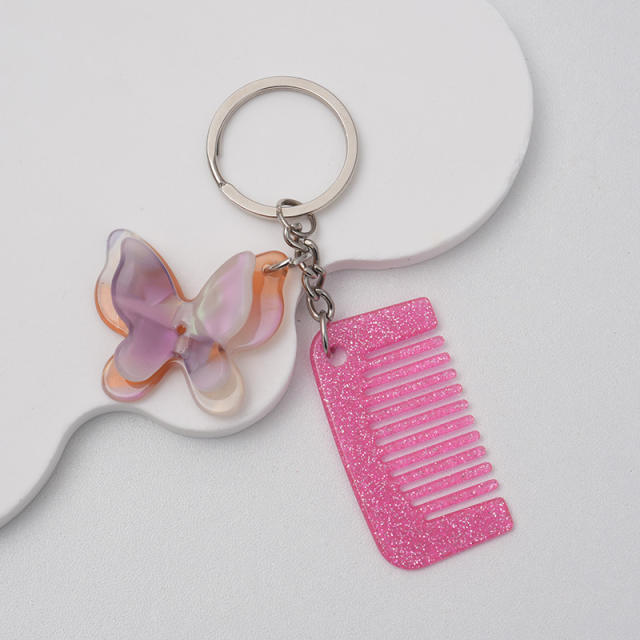 New Acetate Butterfly Comb Keychain Pendant Creative Cute Girl Makeup Mirror Bangs Comb Accessories