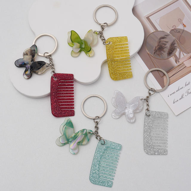 New Acetate Butterfly Comb Keychain Pendant Creative Cute Girl Makeup Mirror Bangs Comb Accessories