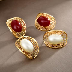 Palace-Style Oval Red Pearl Hollow-Out Earrings real gold plated earrings