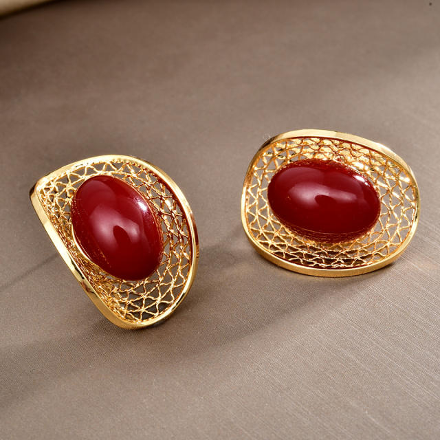 Palace-Style Oval Red Pearl Hollow-Out Earrings real gold plated earrings