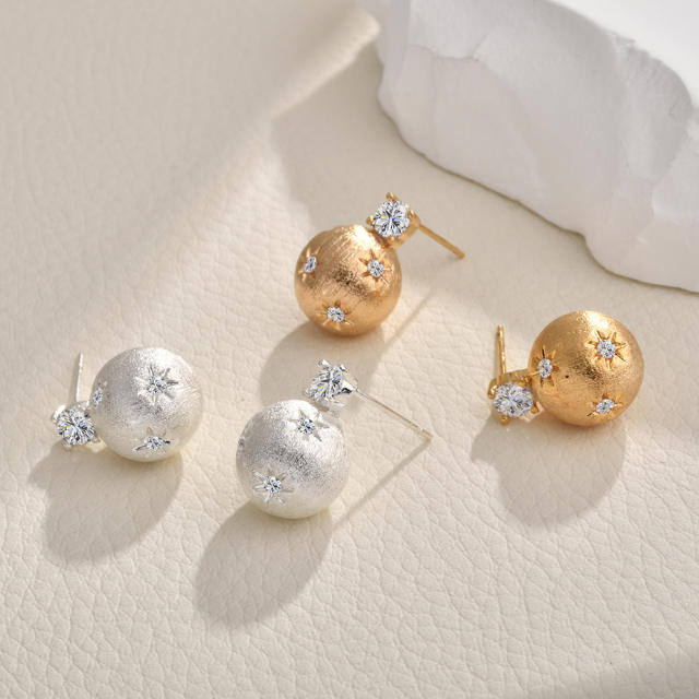Retro Brushed Six-Pointed Star Earrings French Vintage Small Gold Ball Earrings