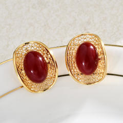 Palace-Style Oval Red Pearl Hollow-Out Earrings real gold plated earrings