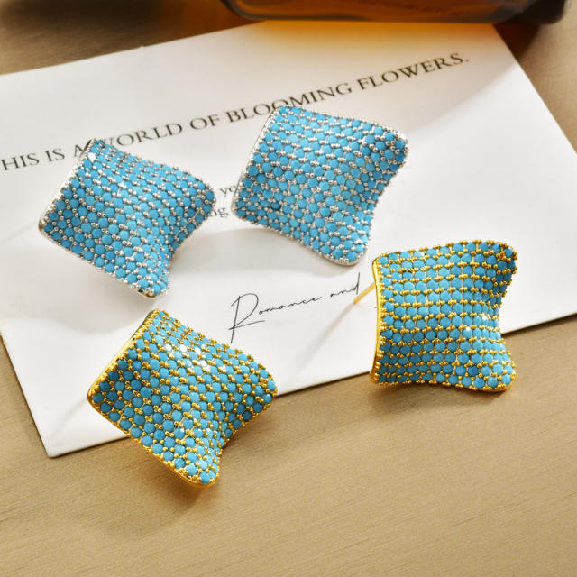Minimalist Design Pleated Square Micro-Encrusted Full turquoise Earrings