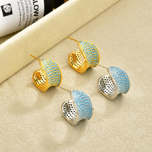Micro-Inlaid Blue Zircon Super Shiny C-Shaped Earrings for Women