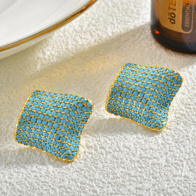 Minimalist Design Pleated Square Micro-Encrusted Full turquoise Earrings