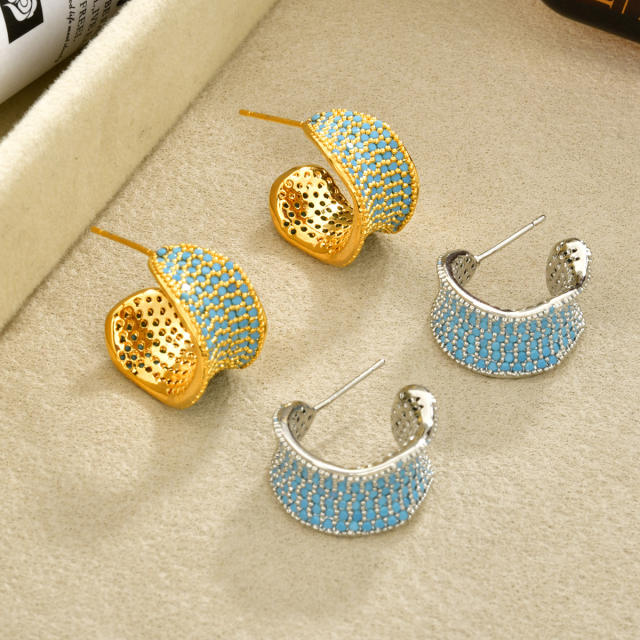 Micro-Inlaid Blue Zircon Super Shiny C-Shaped Earrings for Women