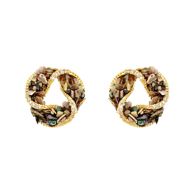 Vintage twisted circle shape Abalone 18K copper earrings