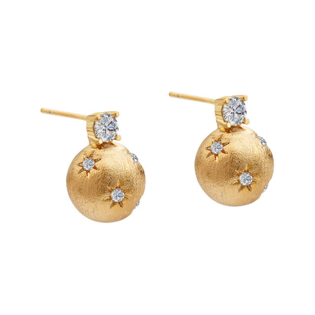 Retro Brushed Six-Pointed Star Earrings French Vintage Small Gold Ball Earrings