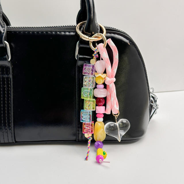 Dopamine Beaded Heart Keychain Acrylic Letter Bag charms Ins Style Colorful Beaded Ornament