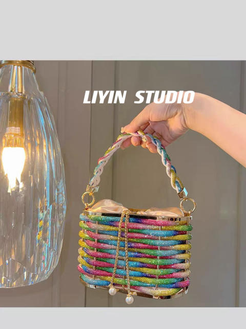 Heavy Hand-woven Shiny Rhinestone Strip Vegetable Basket Bag Banquet Shoulder Crossbody Handbag