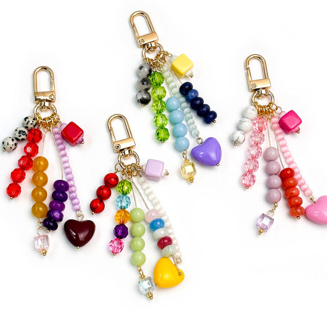 Dopamine Colorful Beaded Keychain Heart Pendant Tassel Bag Charm Sweet Girl Bag Accessory