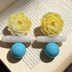 Gradient Yellow Peony Flower Earrings Resin Flower Blue Ball Earrings