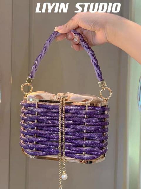 Heavy Hand-woven Shiny Rhinestone Strip Vegetable Basket Bag Banquet Shoulder Crossbody Handbag