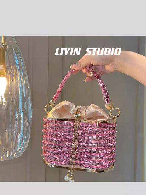 Heavy Hand-woven Shiny Rhinestone Strip Vegetable Basket Bag Banquet Shoulder Crossbody Handbag